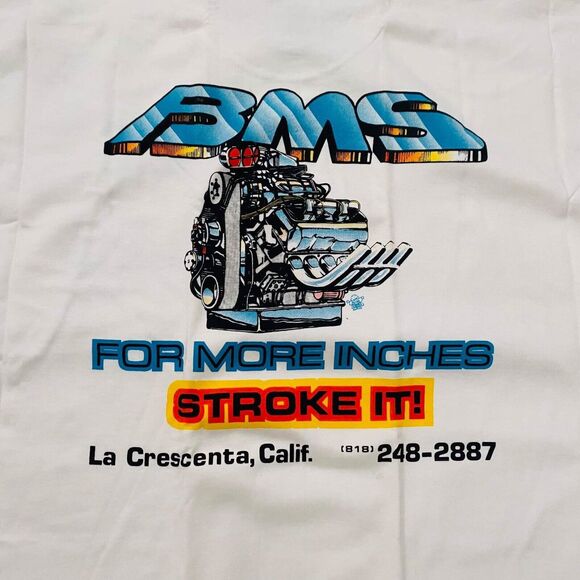 Bob's Machine Shop BMS White T-shirt  For More Inches Stroke It! Sz XL New Calif - Picture 2 of 8